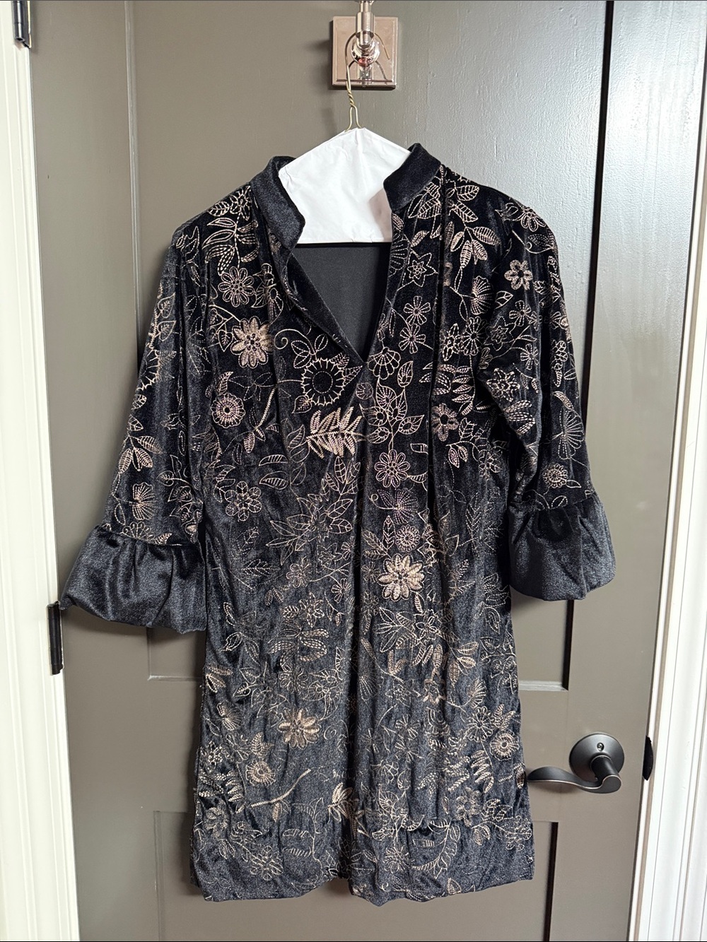 Gretchen Scott Designs Black Velvet Tunic with Gold Floral Embroidery
